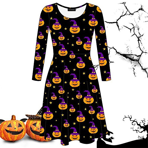 

Women's Halloween A Line Dress Knee Length Dress Black Long Sleeve Print Print Fall Round Neck Hot Elegant Vintage 2021 S M L XL
