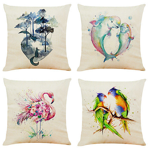 

Set of 4 Art Watercolor Animal Linen Square Decorative Throw Pillow Cases Sofa Cushion Covers 18x18