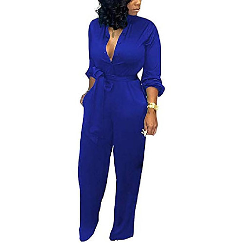 

women's deep v neck long sleeve button down one piece wide leg jumpsuit romper x-large blue