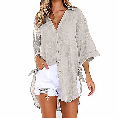 

zwireless womens casual cotton linen shirts plus size baggy high low blouse mid-long boyfriend shirts work plain tops (medium, khaki)