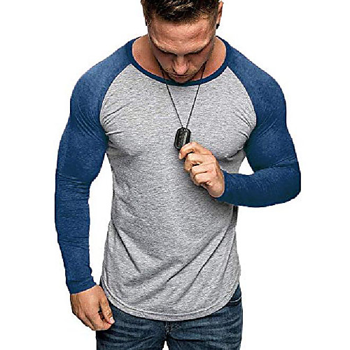 

men long sleeve t shirt slim fit crew neck cotton casual color block tunic light workout athletic gym raglan tee (medium, blue)