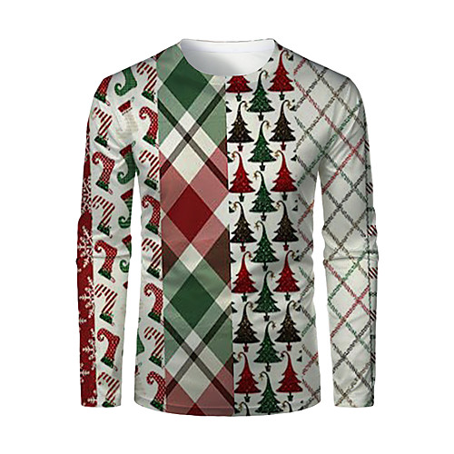 

Men's T shirt 3D Print Plaid Graphic 3D Print Long Sleeve Christmas Tops Green / Red