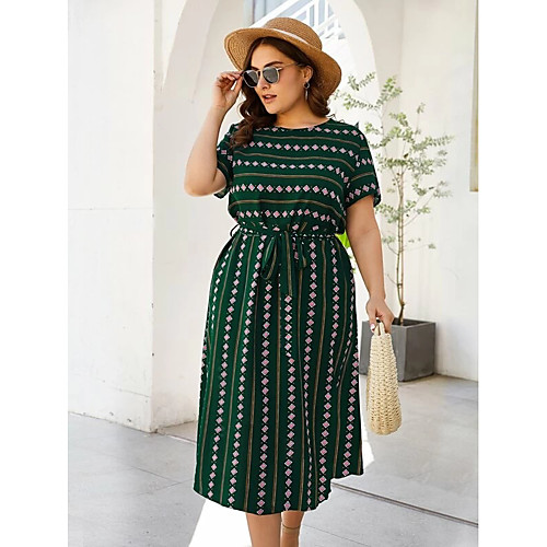 

Women's Swing Dress Midi Dress Green Short Sleeve Print Patchwork Print Fall Round Neck Casual 2021 3XL 4XL 5XL 6XL / Plus Size