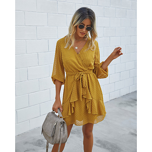 

Women's A Line Dress Knee Length Dress Black Blue Yellow Wine Green Long Sleeve Solid Color Ruffle Patchwork Fall V Neck Casual Lantern Sleeve 2021 S M L XL