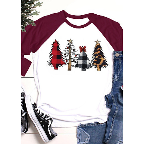 

Women's Christmas Blouse Shirt Cartoon Print Round Neck Tops Loose Basic Christmas Basic Top Black Red Wine