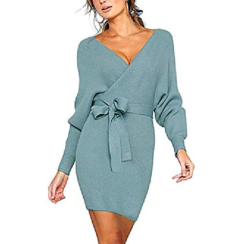 

womens sweater dresses sexy v neck backless long batwing sleeves mini bodycon dress sky blue