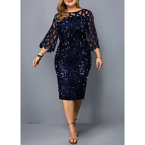 

Women's Shift Dress Knee Length Dress Black Wine Navy Blue 3/4 Length Sleeve Solid Color Patchwork Fall Round Neck Vintage 2021 S M L XL XXL 3XL 4XL 5XL / Plus Size