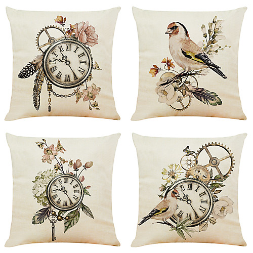 

Set of 4 Classic Clock Linen Square Decorative Throw Pillow Cases Sofa Cushion Covers 18x18