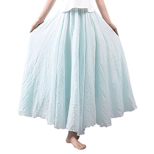 

women bohemian cotton linen double layer elastic waist long maxi skirt light blue