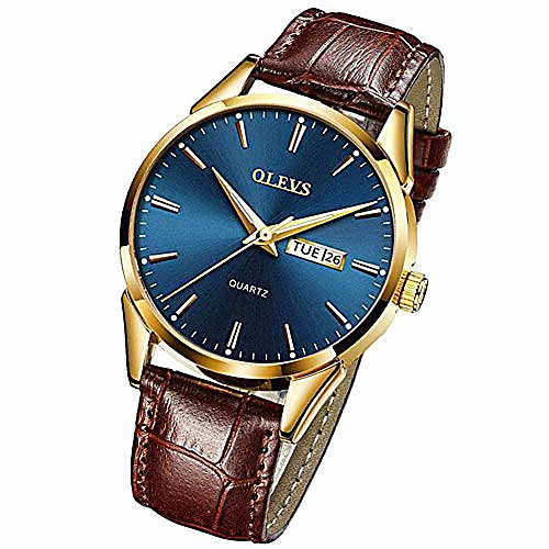 

olevs men's business dress watches luminous analog quartz alloy genuine leather strap buckle band calendar date day dial casual wristwatch for men father boyfriend waterproof classic brown
