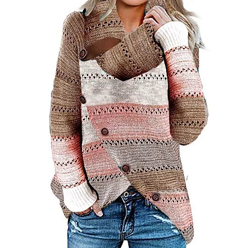 

Women's Knitted Button Color Block Pullover Long Sleeve Sweater Cardigans Crew Neck Fall Winter Rainbow