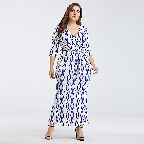 

Women's Chiffon Dress Maxi long Dress Blue Blushing Pink Half Sleeve Print Lace up Patchwork Print Summer V Neck Elegant Casual 2021 L XL XXL 3XL / Plus Size