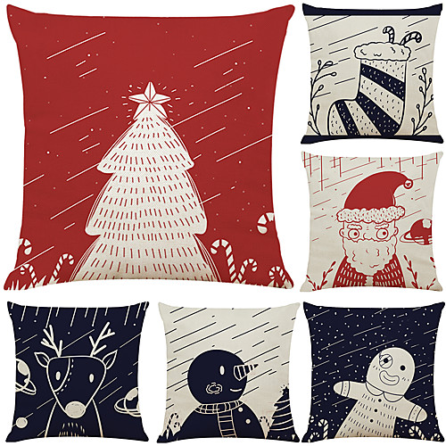 

Set of 6 Funny Christmas Simple Linen Square Decorative Throw Pillow Cases Sofa Cushion Covers 18x18
