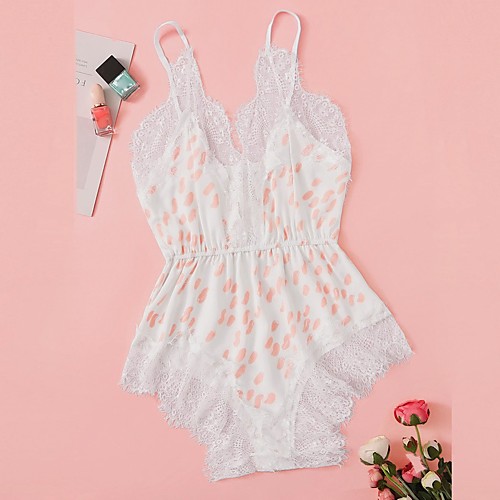 

Women's Backless Mesh Lace Bodysuits Nightwear Polka Dot White One-Size / Print / Strap