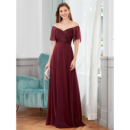 

A-Line Minimalist Sexy Wedding Guest Formal Evening Dress V Neck Short Sleeve Floor Length Chiffon with Sleek 2021