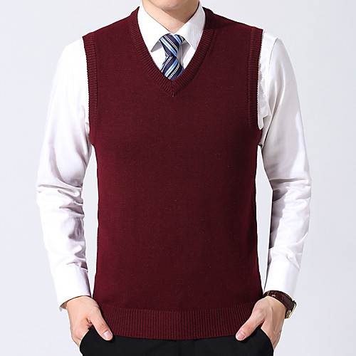 

Men's Basic Wedding Knitted Braided Solid Color Pullover Acrylic Fibers Cotton Sleeveless Sweater Cardigans V Neck Spring Fall Black Purple Wine