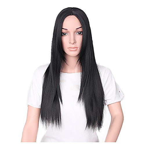 

long straight wigs for black womens - middle part hair wig with neat bang - cosplay party synthetic wig (black)