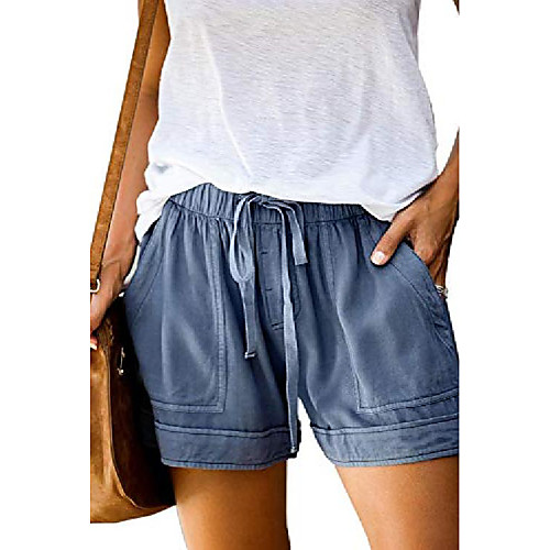 

women's elastic waist drawstring belt solid color comfy shorts with pockets blue s