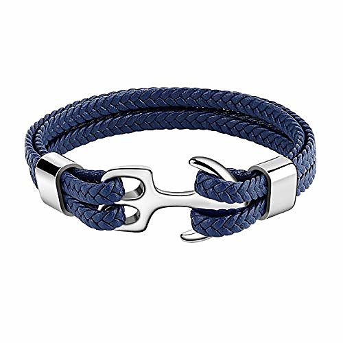 

bracelet for men, sturdy cowhide leather bracelet, multilayer vintage anchor bracelet wrap cuff - blue with silver anchor