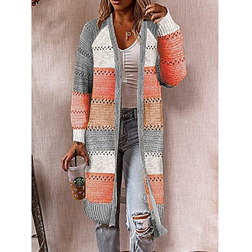 

Women's Knitted Hollow Out Color Block Cardigan Long Sleeve Sweater Cardigans V Neck Fall Winter Blushing Pink Wine Orange