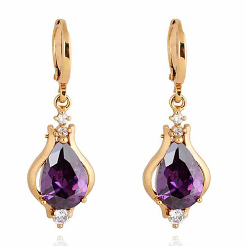 

elegant unique design 18k gold filled inlay teardrop purple cubic zirconia dangle drop earrings