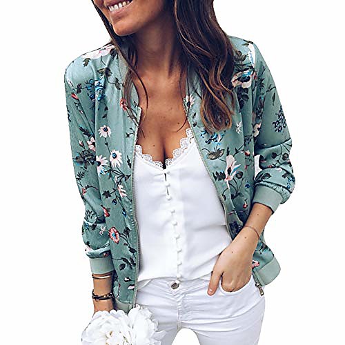 

women's floral print zip up fall bomber jacket classic baseball jacket casual long sleeve coat khaki l