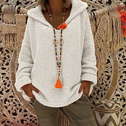 

Women's Knitted Solid Color Pullover Long Sleeve Sweater Cardigans Hooded Fall Winter White Black Orange