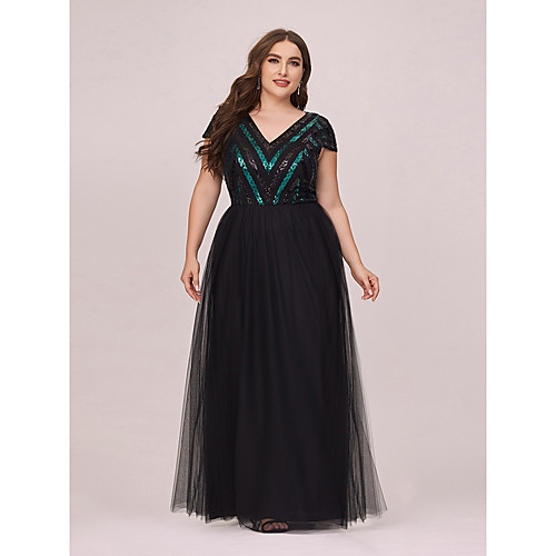 

A-Line Mother of the Bride Dress Elegant Sexy V Neck Floor Length Tulle Sequined Short Sleeve with Sequin 2021