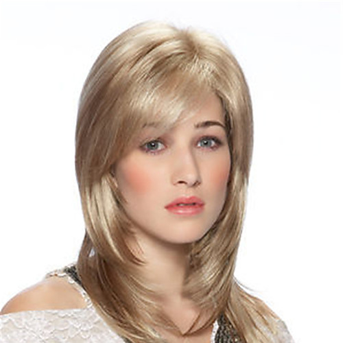 

Synthetic Wig Straight Asymmetrical With Bangs Wig Blonde Medium Length Blonde Synthetic Hair Women's Fashionable Design Classic Exquisite Blonde