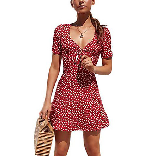 

Women's A Line Dress Short Mini Dress Navy Red Yellow Green Short Sleeve Polka Dot Summer V Neck Casual Beach 2021 S M L XL