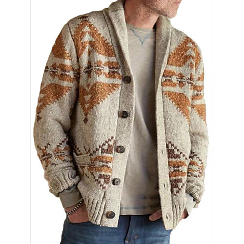 

Men's Cardigan Knitted Jacquard Geometric Sweaters Acrylic Fibers Long Sleeve Sweater Cardigans Shirt Collar Fall Winter Khaki