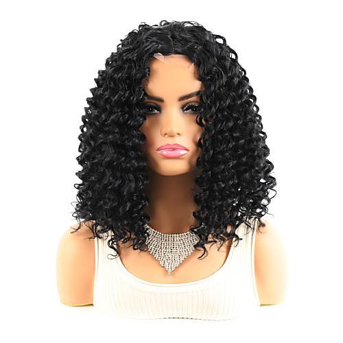 

12 inch Synthetic Wig Medium Length Natural Black #1B Women's Fashionable Design Party Middle Part Bob Black Small Curly Short Wig Headgear Imitation Lace Scalp Mid-point Explosive Headgear