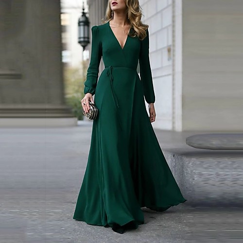 

Women's A Line Dress Maxi long Dress Black Wine Green Long Sleeve Solid Color Split Patchwork Fall Winter V Neck Elegant Casual 2021 S M L XL