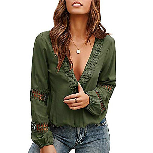 

womens sexy deep v neck blouses casual long lantern sleeve hollow out summer shirts tops army green