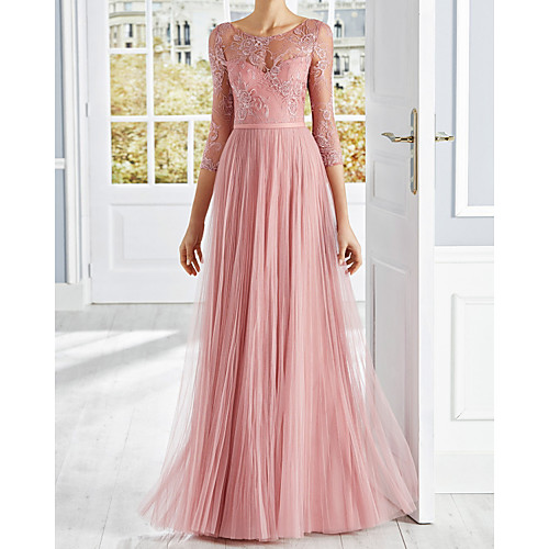 

A-Line Luxurious Elegant Engagement Formal Evening Dress Illusion Neck 3/4 Length Sleeve Floor Length Tulle with Pleats Appliques 2021