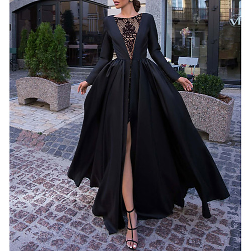 

Ball Gown Luxurious Engagement Formal Evening Dress Illusion Neck Long Sleeve Floor Length Satin with Split Overskirt Lace Insert 2021