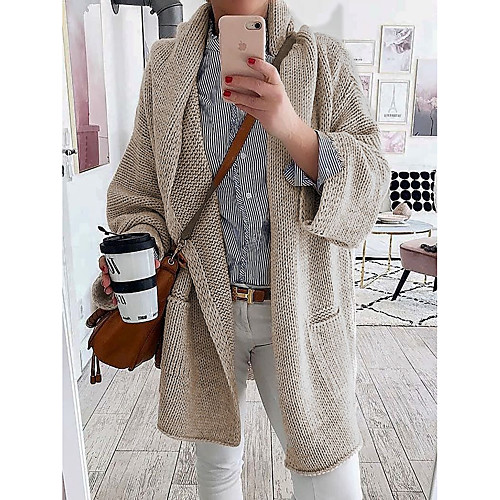

Women's Knitted Solid Color Plain Cardigan Long Sleeve Sweater Cardigans Open Front Fall Winter Black Yellow Khaki