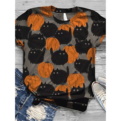 

Women's T shirt Cat Dog Pumpkin Round Neck Tops Basic Basic Top Light Green Beige Gray