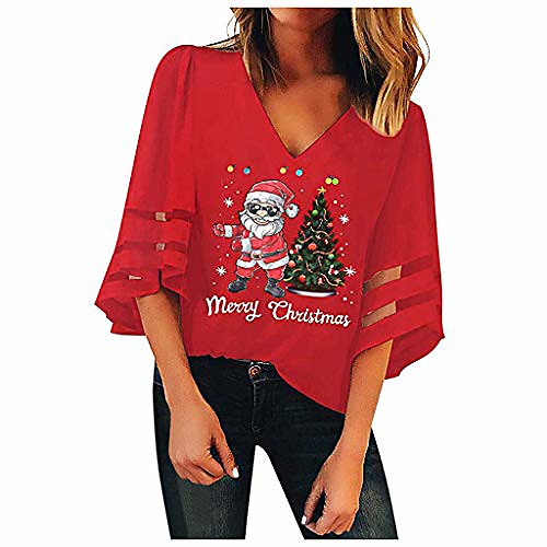 

womens 3/4 bell sleeve v neck lace patchwork blouse casual loose christmas santa claus shirt tops red