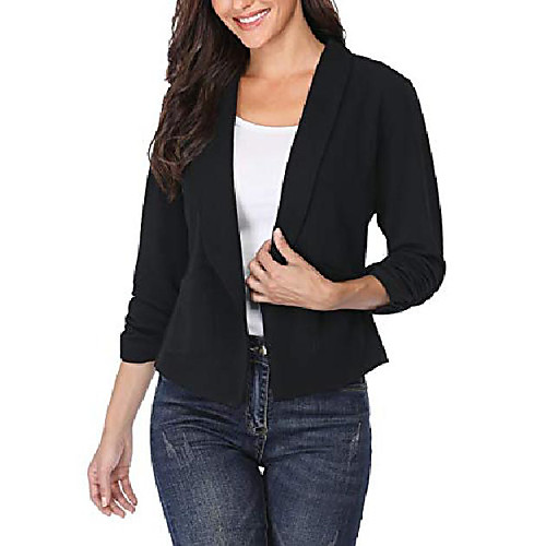 

women's casual ruched 3/4 sleeve lined blazer jacket work office cardigan with 2 patch pockets black