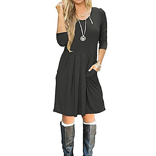 

women's 3/4 long sleeve pleated pockets casual loose short dress(3/4 sleeve-darkgray,m)