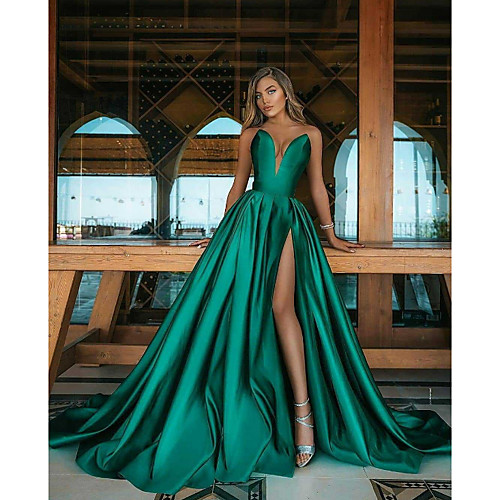 

Women's A Line Dress Maxi long Dress Green Sleeveless Solid Color Fall Strapless Elegant Formal 2021 S M L XL XXL