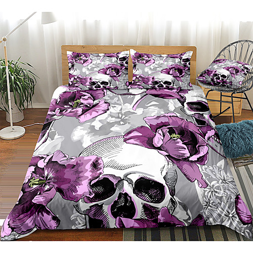 

Purple Skull Print 3-Piece Duvet Cover Set Hotel Bedding Sets Comforter Cover with Soft Lightweight Microfiber(Include 1 Duvet Cover and 1or 2 Pillowcases)