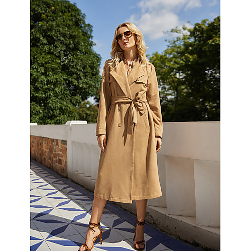 

Women's Solid Colored Lace up Basic Fall & Winter Notch lapel collar Coat Long Going out Long Sleeve Elastic Velvet Coat Tops Brown