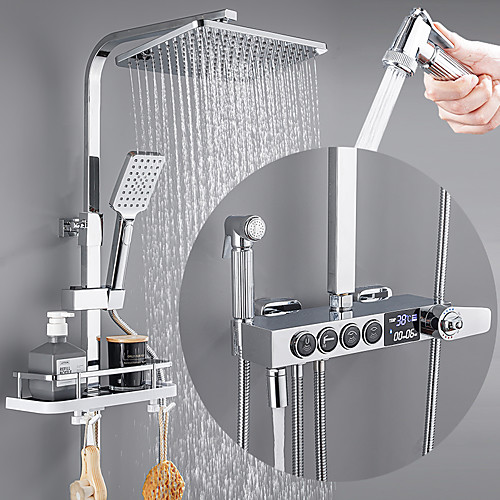 

Shower System / Rainfall Shower Head System / Thermostatic Mixer valve Set - Handshower Included pullout Rainfall Shower Contemporary Electroplated Mount Outside Ceramic Valve Bath Shower Mixer Taps