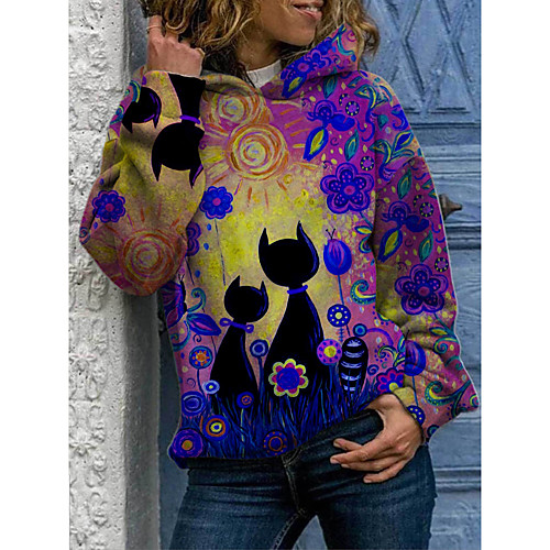 

Women's Pullover Hoodie Sweatshirt Floral Cat Tie Dye Daily Basic Casual Hoodies Sweatshirts Blue Purple Yellow