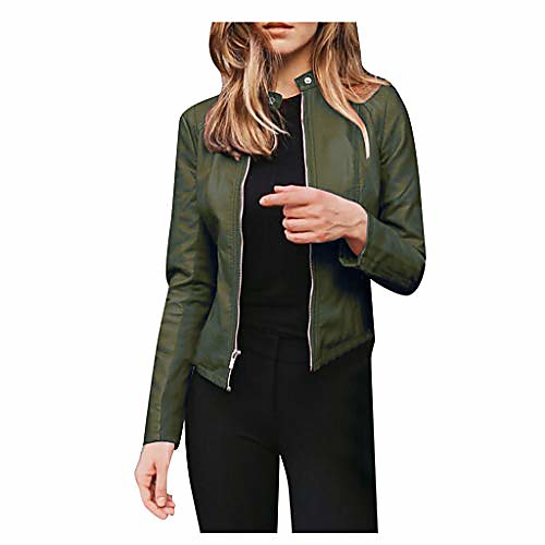 

women's faux leather jackets, zip up motorcycle punk short pu moto biker outwear fitted slim cropped coat army green