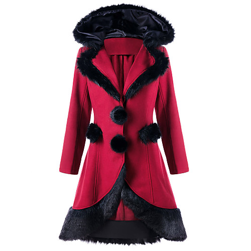 

Women's Solid Colored Fur Trim Fall & Winter Coat Long Daily Long Sleeve Cotton Blend Coat Tops Wine