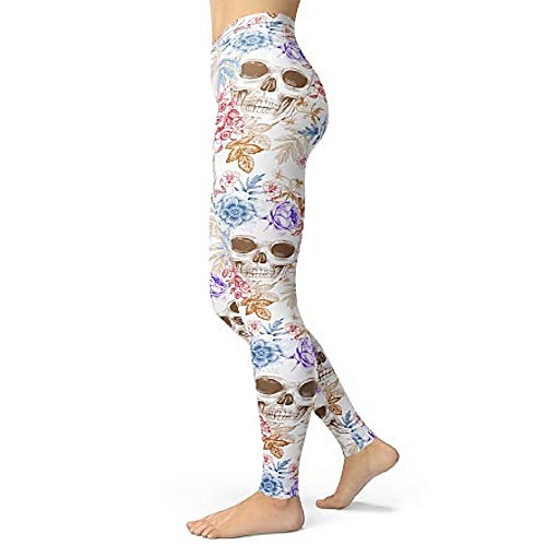 

women's sugar skull printed leggings brushed buttery soft ankle length tights (x-large, ink skulls)