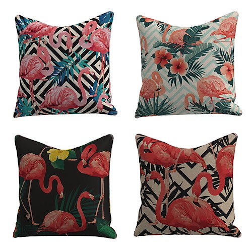 

Set of 4 Linen Cotton / Linen Pillow Cover Pillowcase Sofa Cushion Square Throw Pillow Rainforest Colorful Beauty Flamingo Pillows Case 4545cm